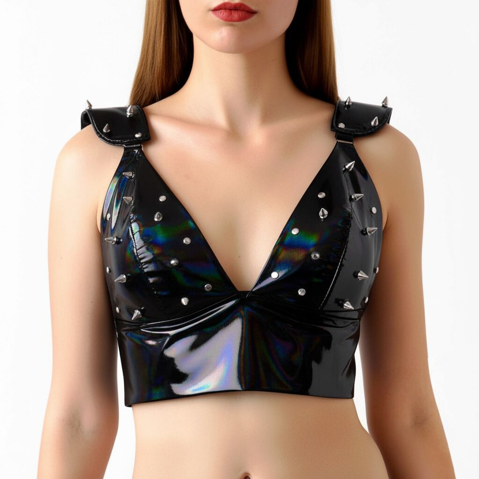 Лакированный виниловый лиф с шипами Art of Sex - Mistress, черный с эффектом голограммы, размер M