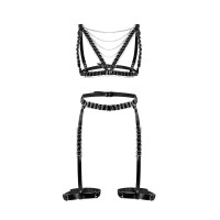 Сексуальный набор гартеры и портупея Art of Sex - Geneva украшенные кольцами, Натуральная кожа,L-2XL