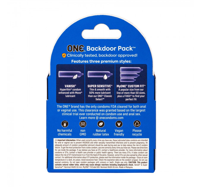 Набір презервативів ONE Backdoor, 3 шт, 3 види, картонне паковання