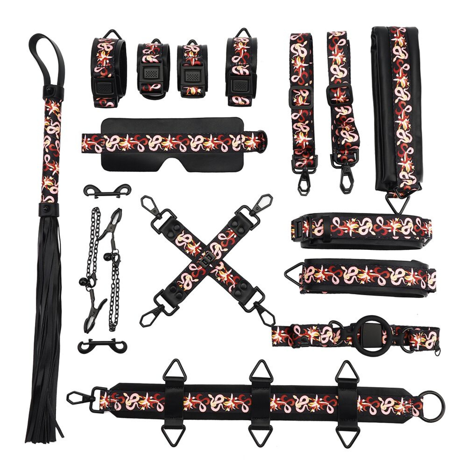 БДСМ-набір LOCKINK The Flowering Serpent Bondage Set, чорний, з малюнком у вигляді змій, 12 предметів