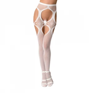 Еротичні колготки-бодістокінги Passion S023 One Size, White, імітація панчіх з ромбами та пояском