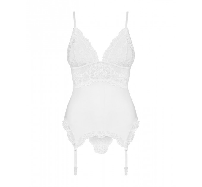 Сатиновий мереживний корсет Obsessive 810-COR-2 babydoll & thong S/M, білий, корсет, танга