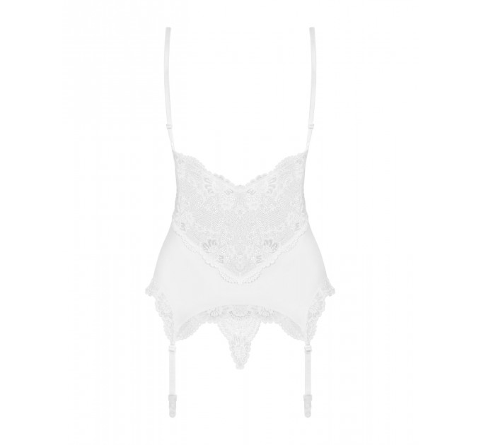 Сатиновий мереживний корсет Obsessive 810-COR-2 babydoll & thong S/M, білий, корсет, танга