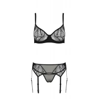 Комплект Passion LEAFA SET black, L/XL, мереживо+сітка, бюстгальтер на кісточках, стрінги, пояс для панчіх — Просмотреть изображение 3