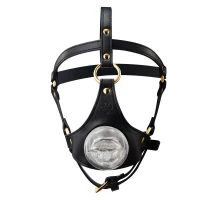 Маска-збруя для мінету LOCKINK SEVANDA Blowjob Head Harness, чорна, з м’якою вставкою у вигляді губ — Переглянути зображення 1
