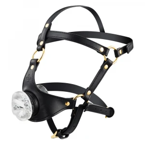 Маска-збруя для мінету LOCKINK SEVANDA Blowjob Head Harness, чорна, з м’якою вставкою у вигляді губ