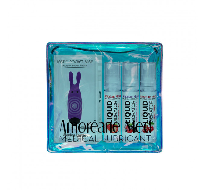 Набір з 3-х смаків стимулювального лубриканта Amoreane Med (3х10мл) і віброкулі Adrien Lastic Purple