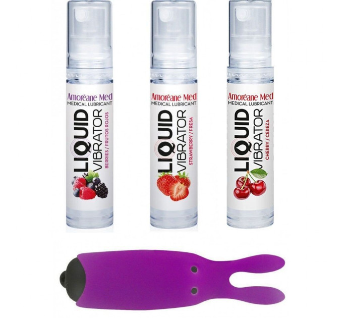Набір з 3-х смаків стимулювального лубриканта Amoreane Med (3х10мл) і віброкулі Adrien Lastic Purple