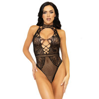Leg Avenue Net and lace halter bodysuit OS Black Leg Avenue Net and lace halter bodysuit OS Black