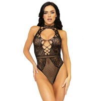 Leg Avenue Net and lace halter bodysuit OS Black — Переглянути зображення 3