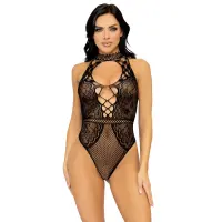 Leg Avenue Net and lace halter bodysuit OS Black — Переглянути зображення 1