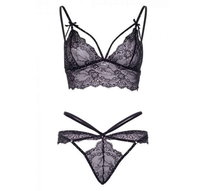 Еротичний комплект зі стрепами та стразами Leg Avenue Ready Or Not M Black, бра + стрінги