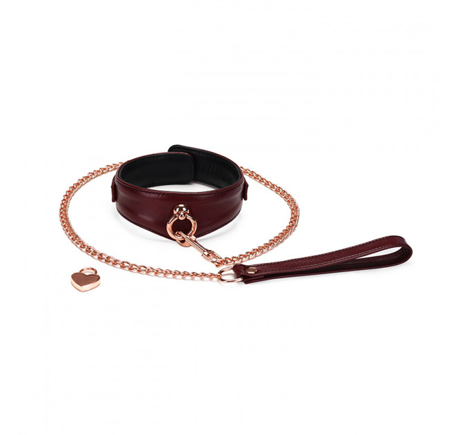 Шкіряний нашийник з повідцем Liebe Seele Wine Red Curved Collar, замок-сердечко