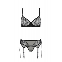 Комплект Passion LEAFA SET black S/M, кружево+сетка, бюстгальтер на косточках, стринги, пояс для чулок