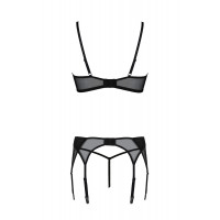 Комплект Passion LEAFA SET black S/M, кружево+сетка, бюстгальтер на косточках, стринги, пояс для чулок