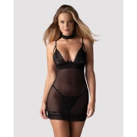 Сорочка Obsessive Donarella chemise &amp; thong, XS/S, мереживний ліф, чокер та стрінги в комплекті — Переглянути зображення 1