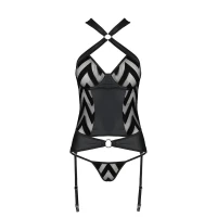 Сітчастий комплект з візерунком Passion HIMA CORSET L/XL black корсет з халтером, підв'язки, трусики — Переглянути зображення 5