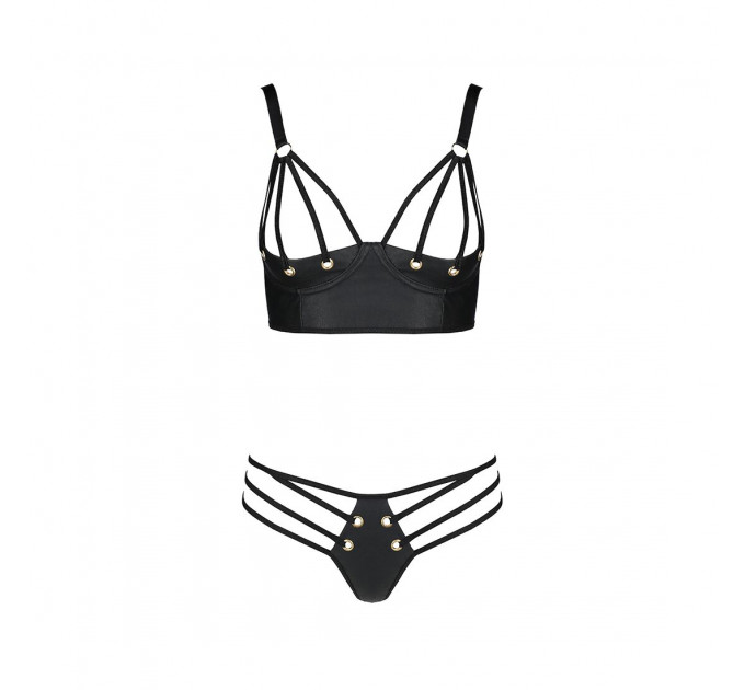 Комплект з екошкіри з люверсами та ремінцями Passion MALWIA BIKINI S/M, black, бра та трусики