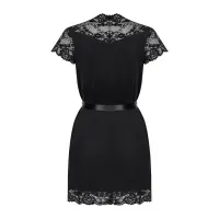 Сатиновий відкритий пеньюар на поясі Obsessive 810-PEI–1 peignoir black S/M, чорний — Переглянути зображення 6