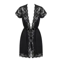 Сатиновий відкритий пеньюар на поясі Obsessive 810-PEI–1 peignoir black S/M, чорний — Переглянути зображення 5