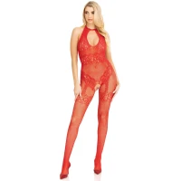 Бодістокінг Leg Avenue Rhinestone Lace and Net, One Size, червоний, зі стразами, відкритий доступ — Переглянути зображення 5