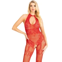 Бодістокінг Leg Avenue Rhinestone Lace and Net, One Size, червоний, зі стразами, відкритий доступ — Переглянути зображення 1