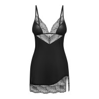 Пеньюар Obsessive Lobellis chemise & thong, XL/2XL, чорний, мереживне оздоблення, стрінги в комплекті