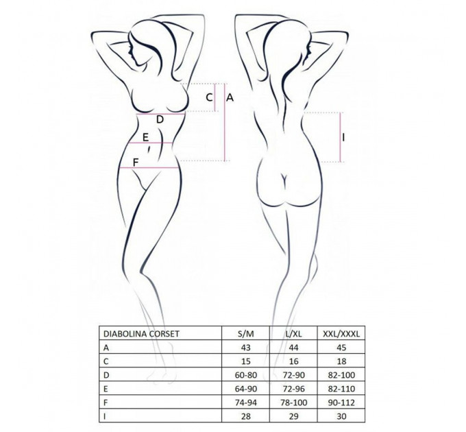 Корсет з відкритими грудьми Passion DIABOLINA CORSET L/XL, black, пажі, трусики, напівпрозорий