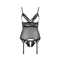 Корсет з відкритими грудьми Passion DIABOLINA CORSET L/XL, black, пажі, трусики, напівпрозорий — Переглянути зображення 3
