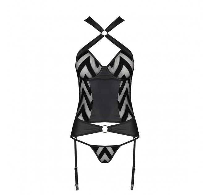 Сітчастий комплект із візерунком корсет з халтером, підв'язки, трусики Passion HIMA CORSET S/M black