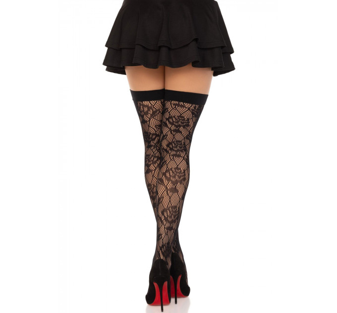 Панчохи Leg Avenue Wild rose net thigh highs, One Size, чорні, широка резинка, малюнок-троянди