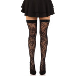Панчохи Leg Avenue Wild rose net thigh highs, One Size, чорні, широка резинка, малюнок-троянди
