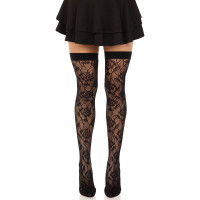 Панчохи Leg Avenue Wild rose net thigh highs, One Size, чорні, широка резинка, малюнок-троянди