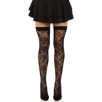 Панчохи Leg Avenue Wild rose net thigh highs, One Size, чорні, широка резинка, малюнок-троянди — Просмотреть изображение 1