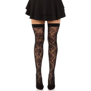 Чулки Leg Avenue Wild rose net thigh highs, One Size, черные, широкая резинка, рисунок-розы