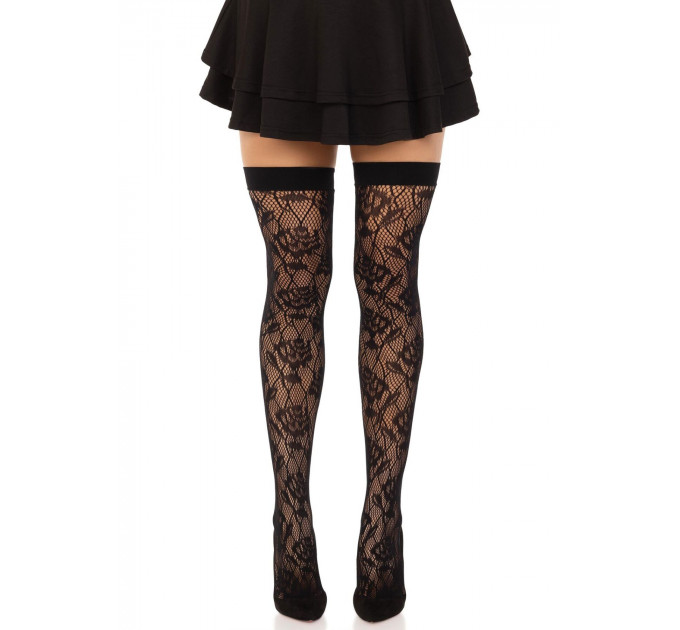 Панчохи Leg Avenue Wild rose net thigh highs, One Size, чорні, широка резинка, малюнок-троянди