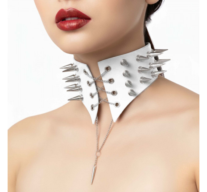 Чокер комір з шипами Art of Sex - Ariadna, натуральна шкіра, колір білий, XS-M