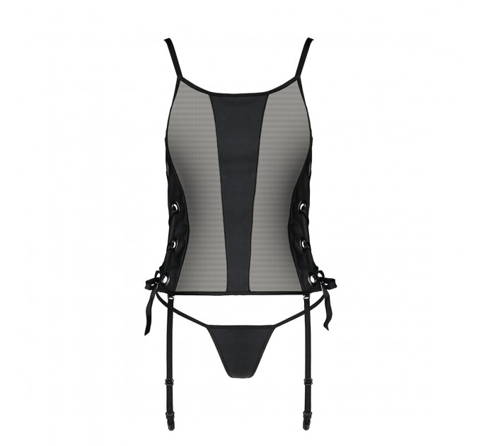 Сітчастий корсет з люверсами та знімними пажами Passion MALWIA CORSET L/XL black, екошкіра, стрінги