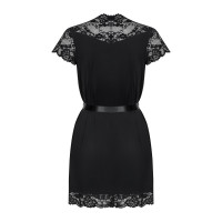 Сатиновий відкритий пеньюар на поясі Obsessive 810-PEI–1 peignoir black 2XL/3XL, чорний
