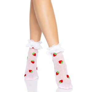 Шкарпетки жіночі з полуничним принтом Leg Avenue Strawberry ruffle top anklets One size, мереживні манжети