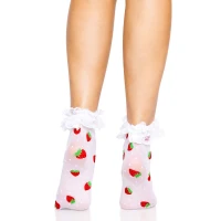 Шкарпетки жіночі з полуничним принтом Leg Avenue Strawberry ruffle top anklets One size, мереживні манжети — Просмотреть изображение 3