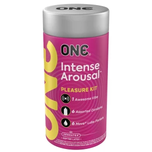 Подарунковий набір ONE Intense Arousal, у комплекті 6 презервативів, 6 саше з лубрикантом, віброкільце
