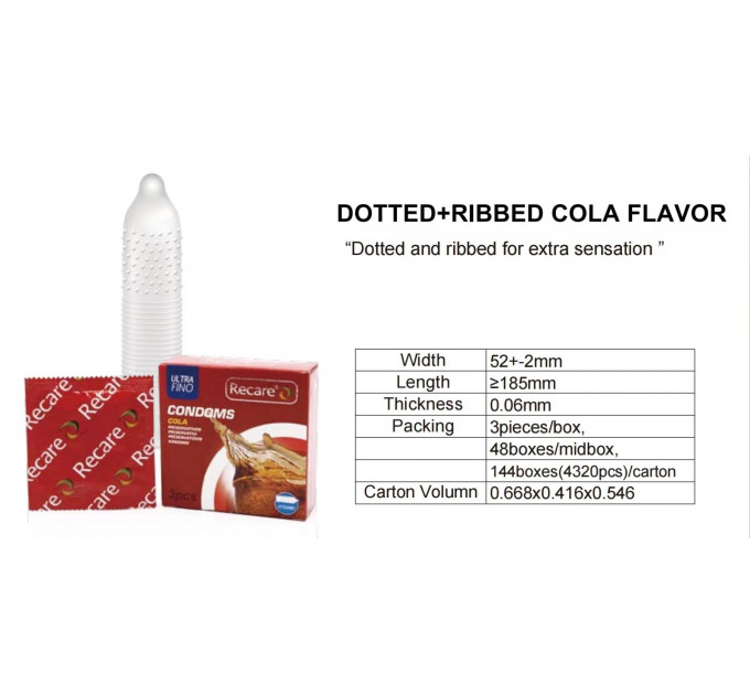 Презервативи Recare Cola Dotted&Ribbed Condoms 3 шт, з пухирцями та ребрами, аромат: Кола