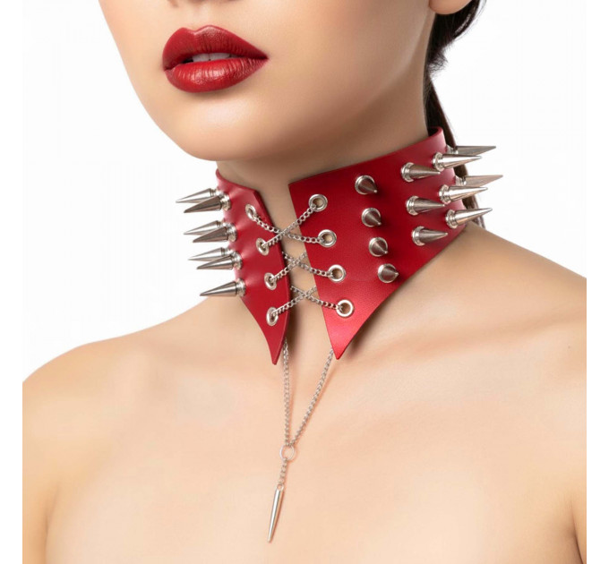 Чокер комір з шипами Art of Sex - Ariadna, натуральна шкіра, колір червоний, XS-M