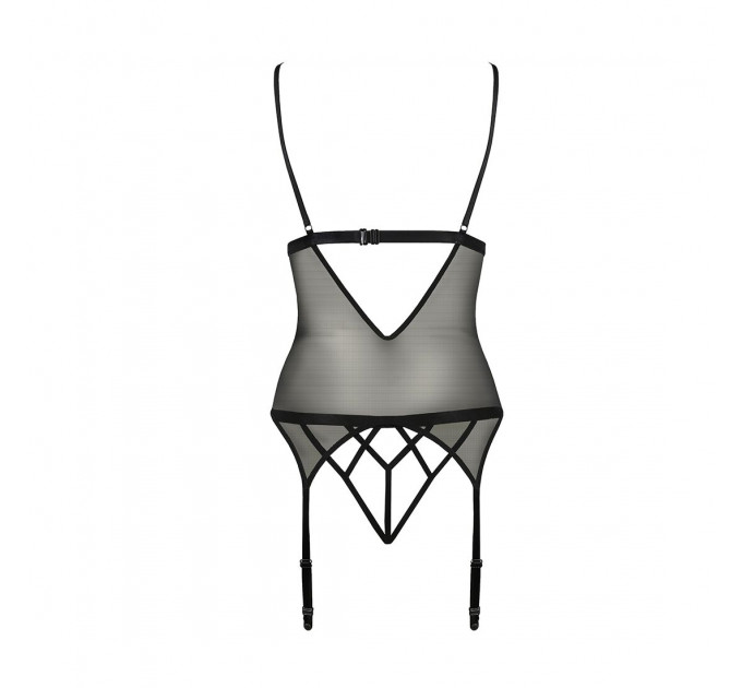Корсет з відкритими грудьми Passion DIABOLINA CORSET XXL/XXXL, black, пажі, трусики, напівпрозорий