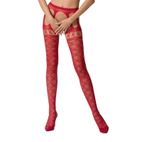 Еротичні колготки-бодістокінги Passion S025 One Size, Red, імітація ажурних панчішок з пояском — Переглянути зображення 1