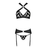 Сітчастий набір з візерунком Passion HIMA SET L/XL, Black, бюстгальтер, трусики, пояс для панчіх — Переглянути зображення 3