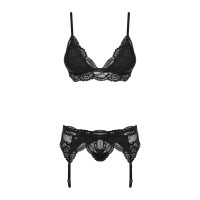 Кружевной комплект белья Obsessive 810-SEG-1 S/M Black, бюстгальтер, стринги, пояс для чулок