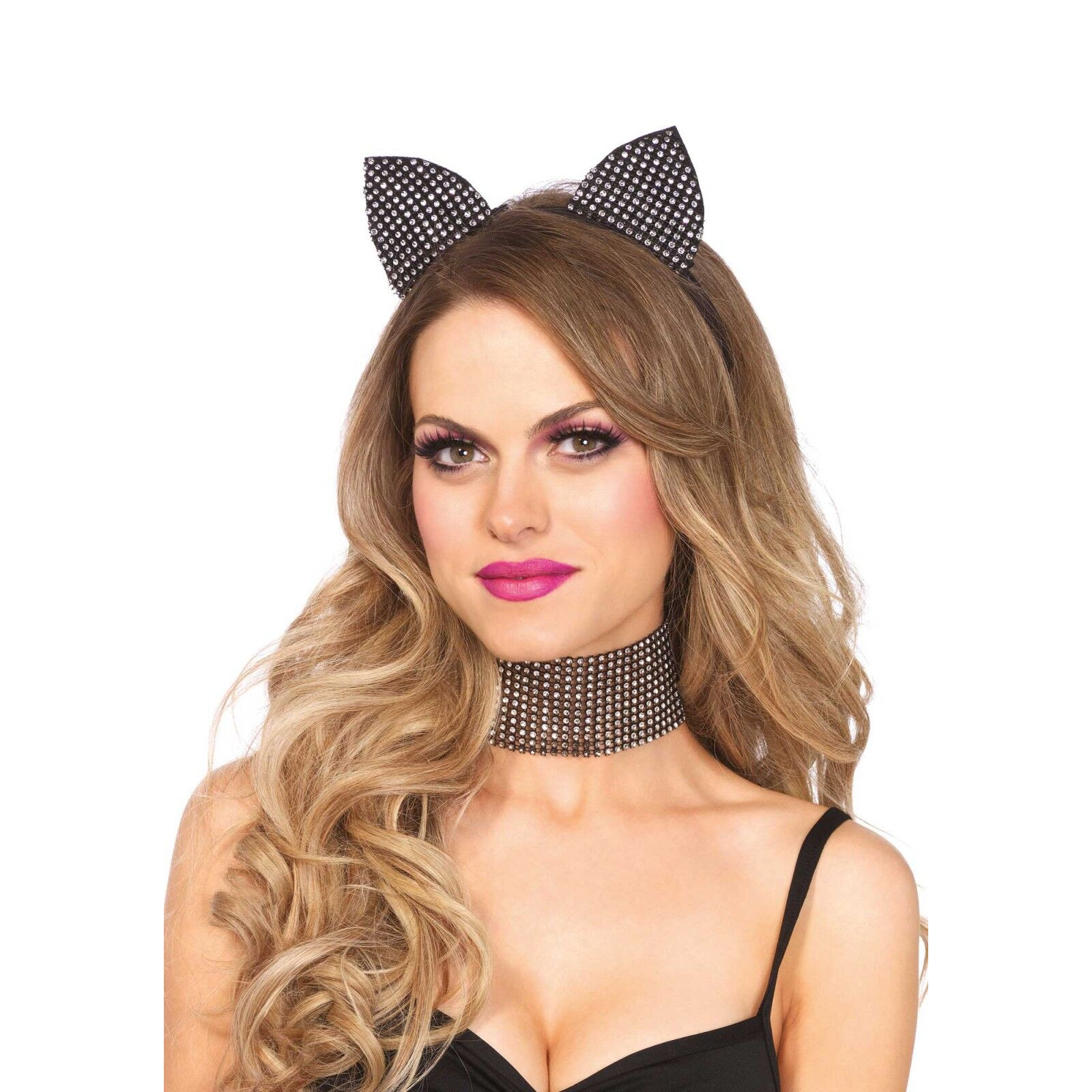Набор кошечки со стразами Leg Avenue Cat ear headband & choker set, широкий чокер и ушки