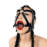 Кляп-маска з силіконовим кільцем Art of Sex - Tamer, Натуральна шкіра, колір Чорний — Переглянути зображення 1